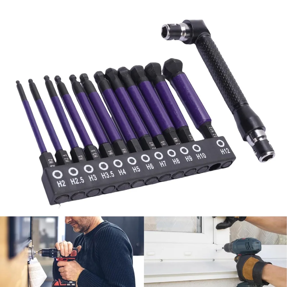 12pcs 1/4 Inch Hex Shank Ball End Hex Bit Set S2 Alloy Steel Magnetic Tip Allen Wrench Drill Bit Set 75mm Length