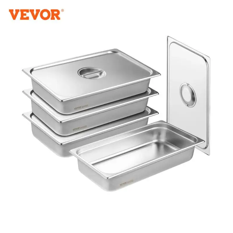 VEVOR 4 Pack Hotel Pans Full Size Anti-Jam Steam Pan with Lid Stainless Steel Steam Table Pan 4-Inch Deep Commercial Table Pan