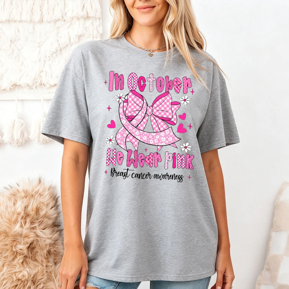 T-shirt de sensibilisation au cancer du sein en octobre, avec nœud rose, pour femme, décontracté, pour la lutte contre le cancer, t-shirts de charité