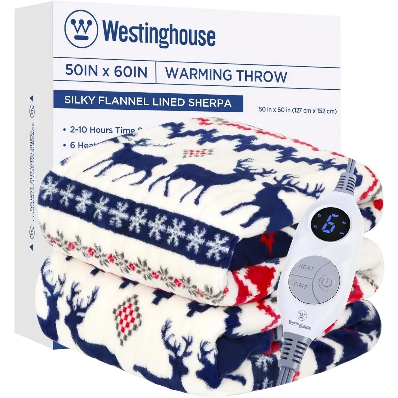 Westinghouse Heated Throw Blanket, Soft Flannel to Sherpa Electric Blanket with 6 Heating Levels