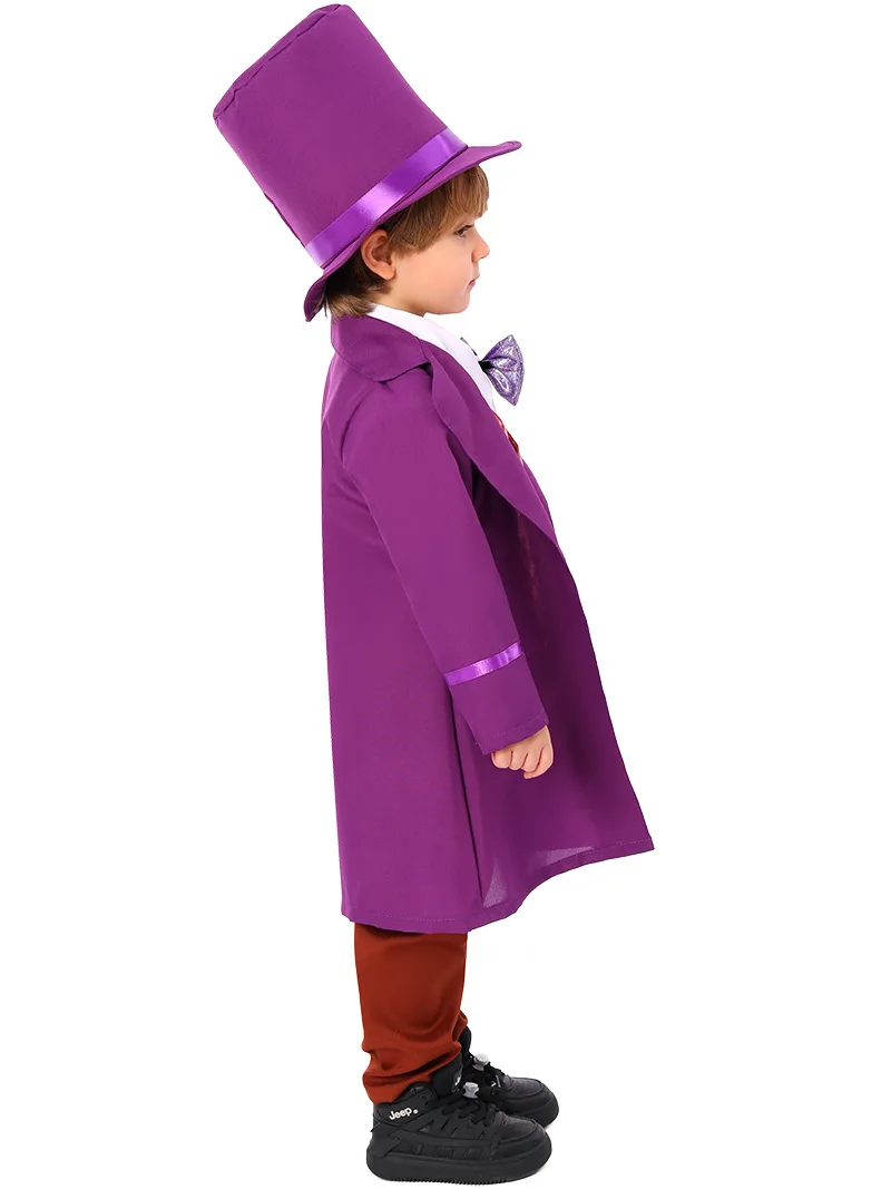 Cartoon personagem charlie chocolate traje cosplay, traje roxo para aniversário e halloween