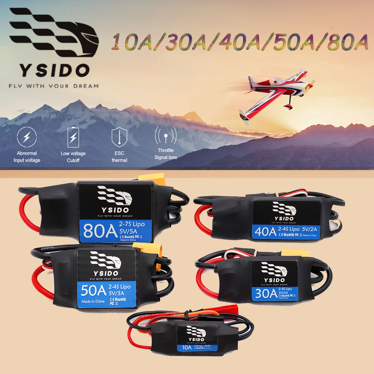 Piezas de aviones modelo RC 10A/30A/40A/50A/80A ESC con controlador electrónico de velocidad UBEC 2-7S para helicóptero cuadricóptero RC FPV