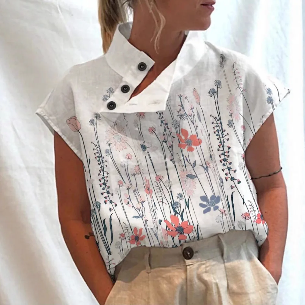 

Summer Women's Shirt Stand Collar Diagonal Buckle Casual Daily Bat Sleeve Digital Printed Top T-shirt