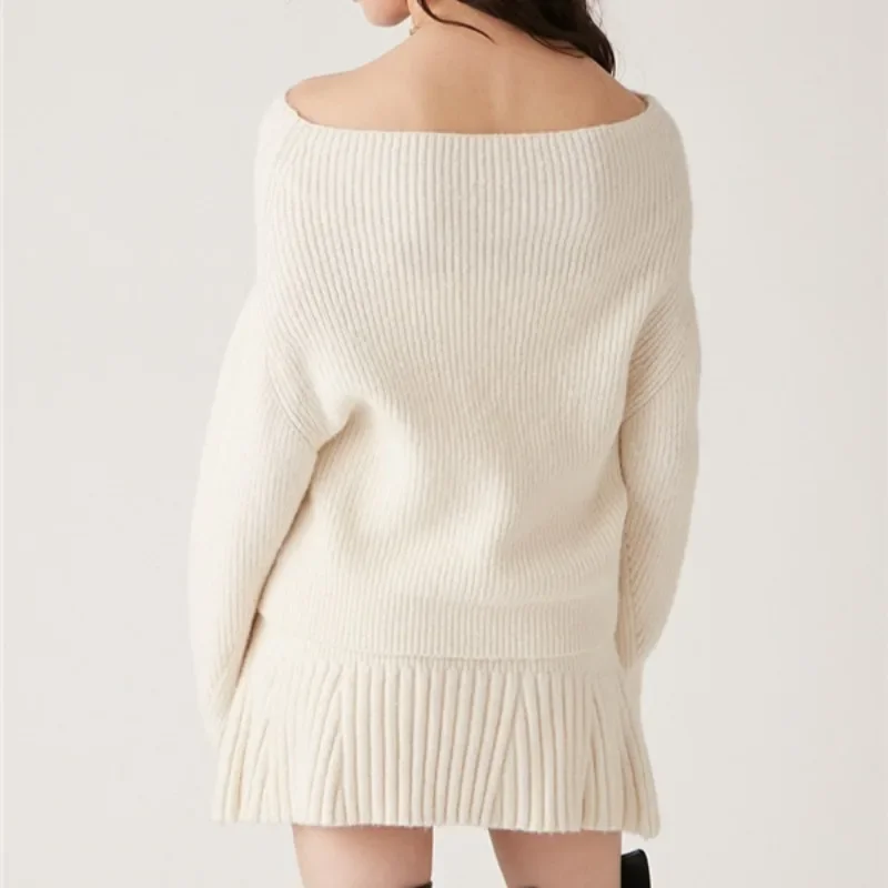 Setelan sweater wanita rajut, setelan sweater pinggang tinggi, sweater rajut lengan panjang, leher Slash, pakaian rajut elegan gaya Jepang untuk perempuan