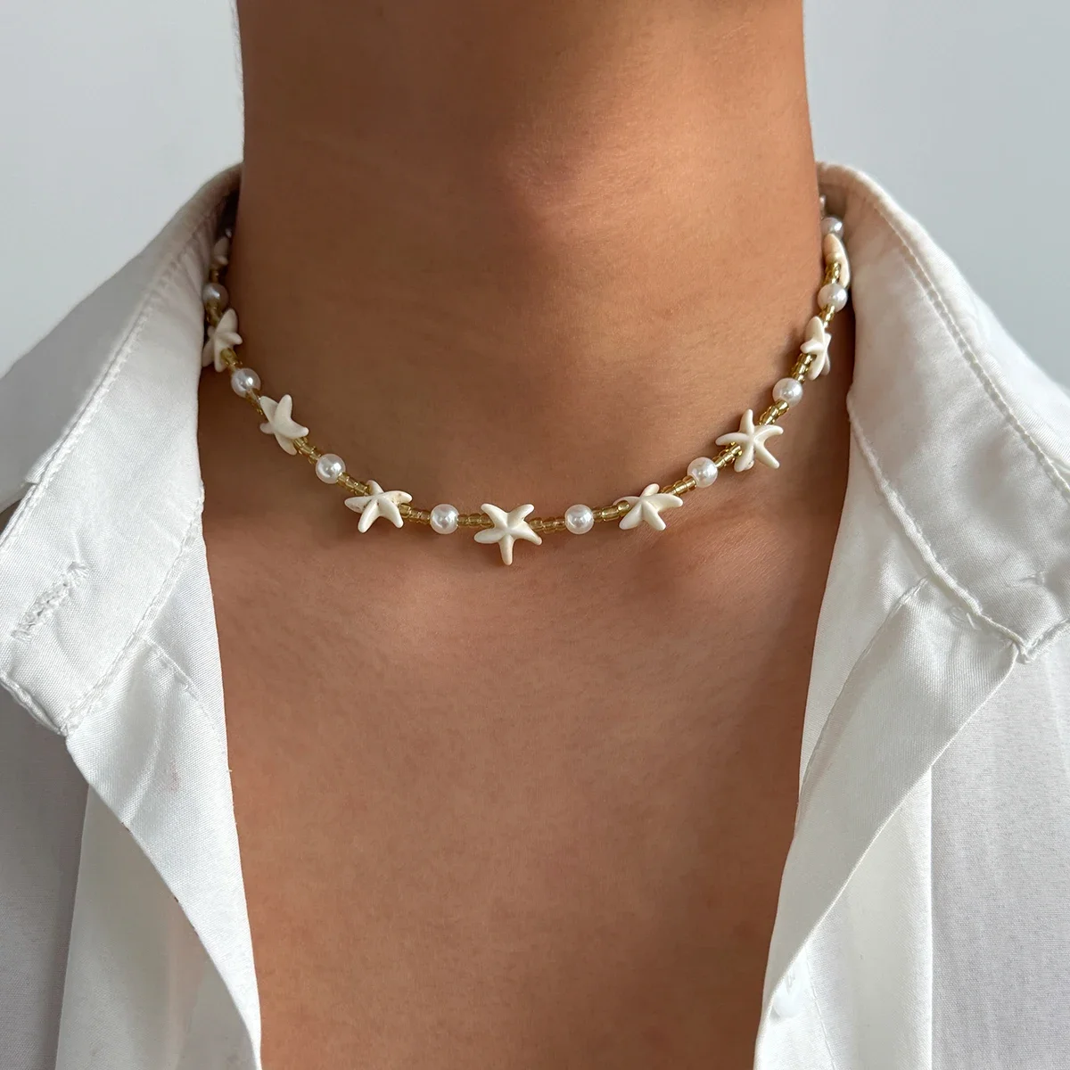 

Ingemark Boho Starfish Imitation Pearl Choker Necklace for Men 2025 Trend Goth Adjustable Clavicle Chain Surfers Beach Jewelry