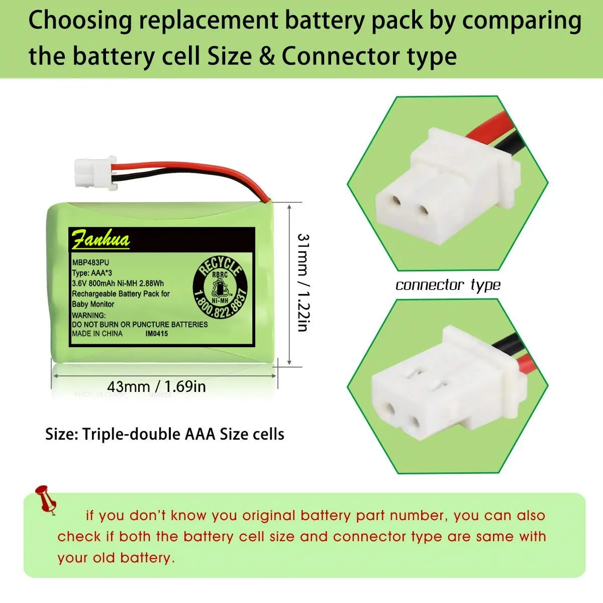 بطارية 3.6 فولت لـ VTech VM312 VM3251 VM3252 -61 جهاز مراقبة الأطفال موتورولا أحدث إصدار 800mAh: MBP33S MBP36 MBP36S MBP33XL MBP481