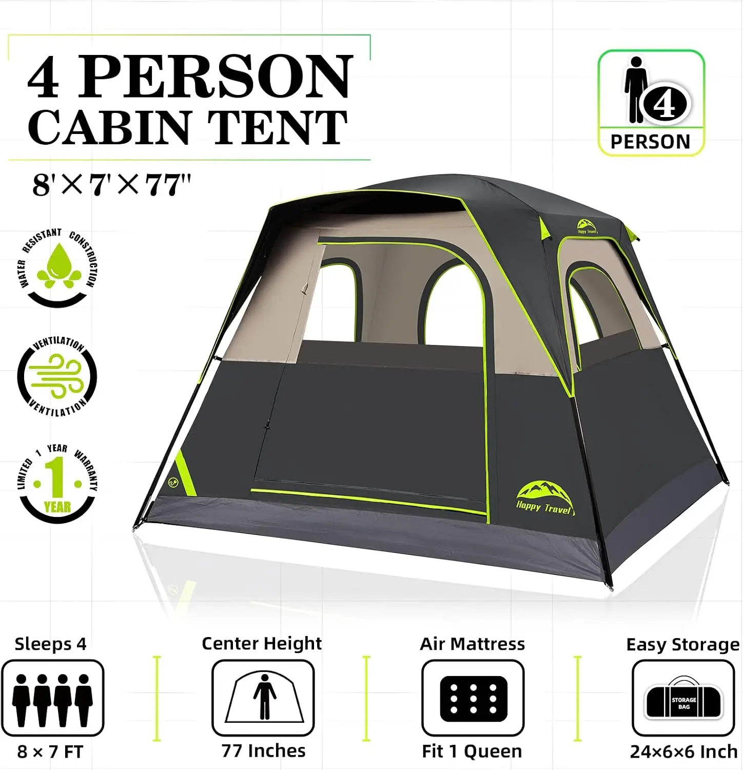 ^Tent 4 Person Tents for Camping, Tall Cabin Tent with Rainfly | Waterproof Portable Easy Setup Camping Tent with 4 Mesh
