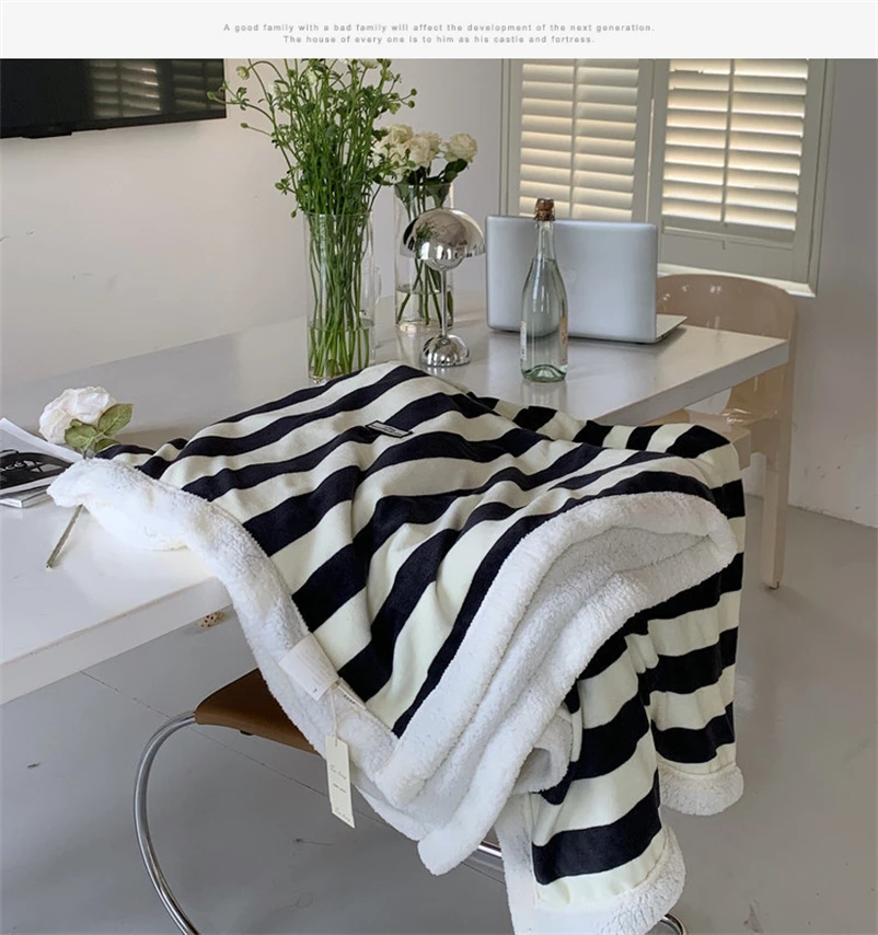 Ins Nordic Style Lambswool Blanket, Simple Striped, Contrast Color, Korean Style, Office, Home, Casual, Lunch Break