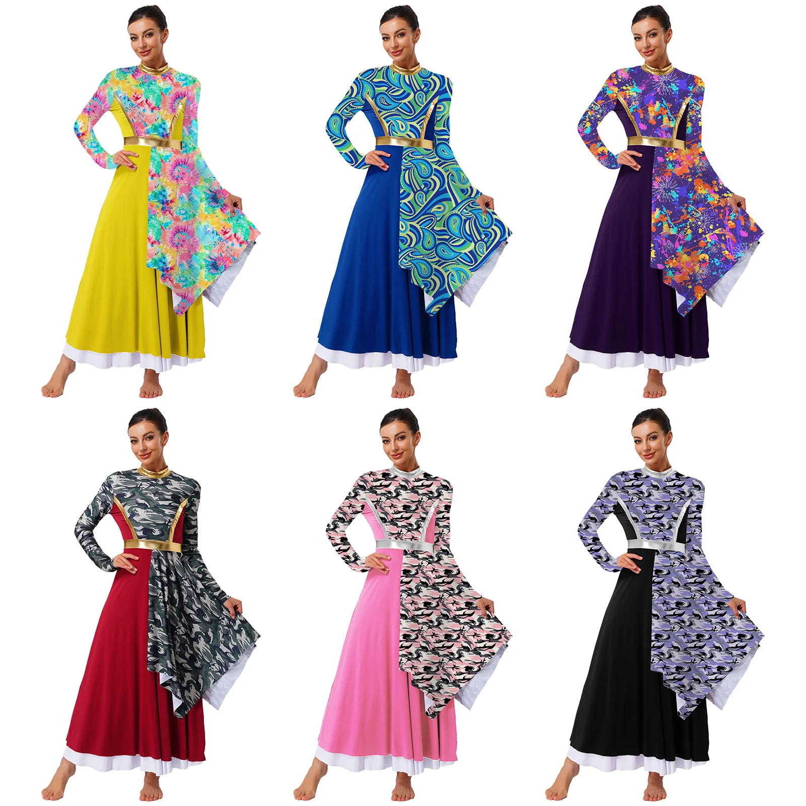 Traje de baile de adoración de alabanza para mujeres adultas túnica de manga larga vestido asimétrico de cintura alta traje de actuación de danza lírica