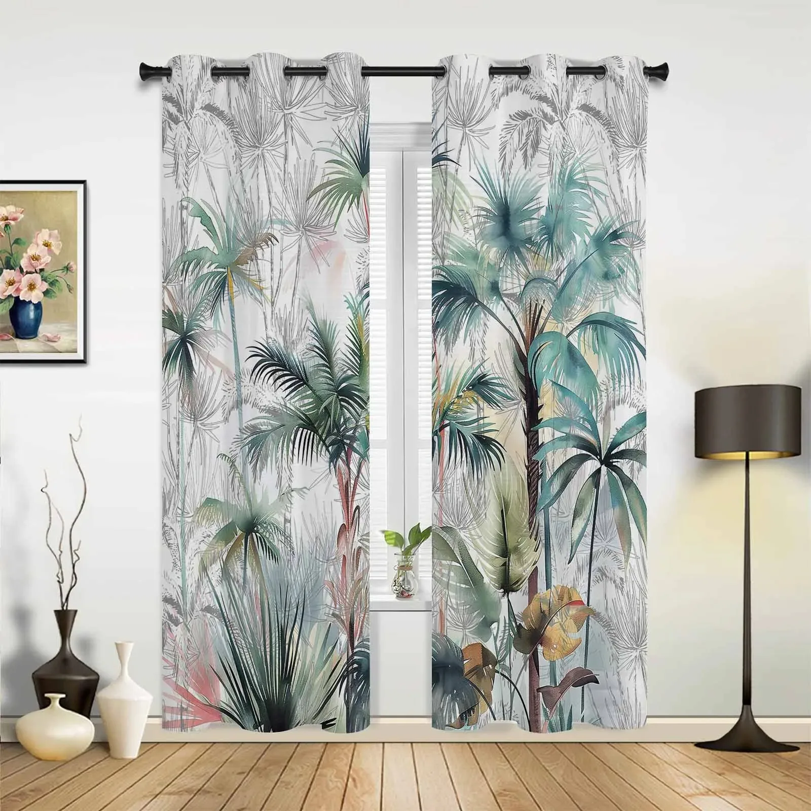 Summer Hand Drawn Tropical Plants Outdoor Curtain for Garden Patio Drapes Bedroom Living Room Kitchen Bathroom Window Curtain