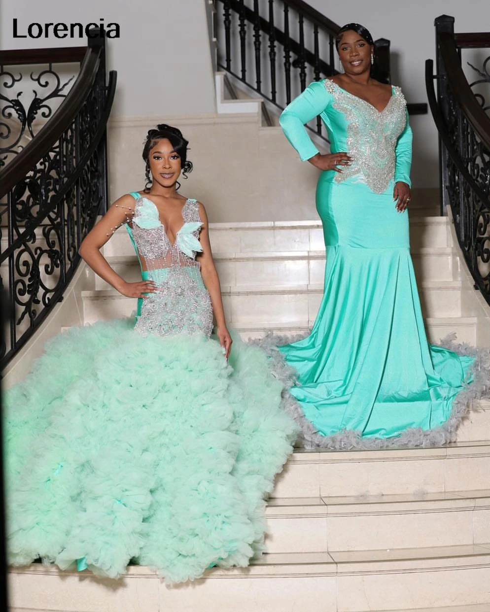 Customized Mint Green Ruffles Mermaid Prom Dress Silver Beaded Rhinestone For Black Girls Birthday Party Gala Gown YPD172