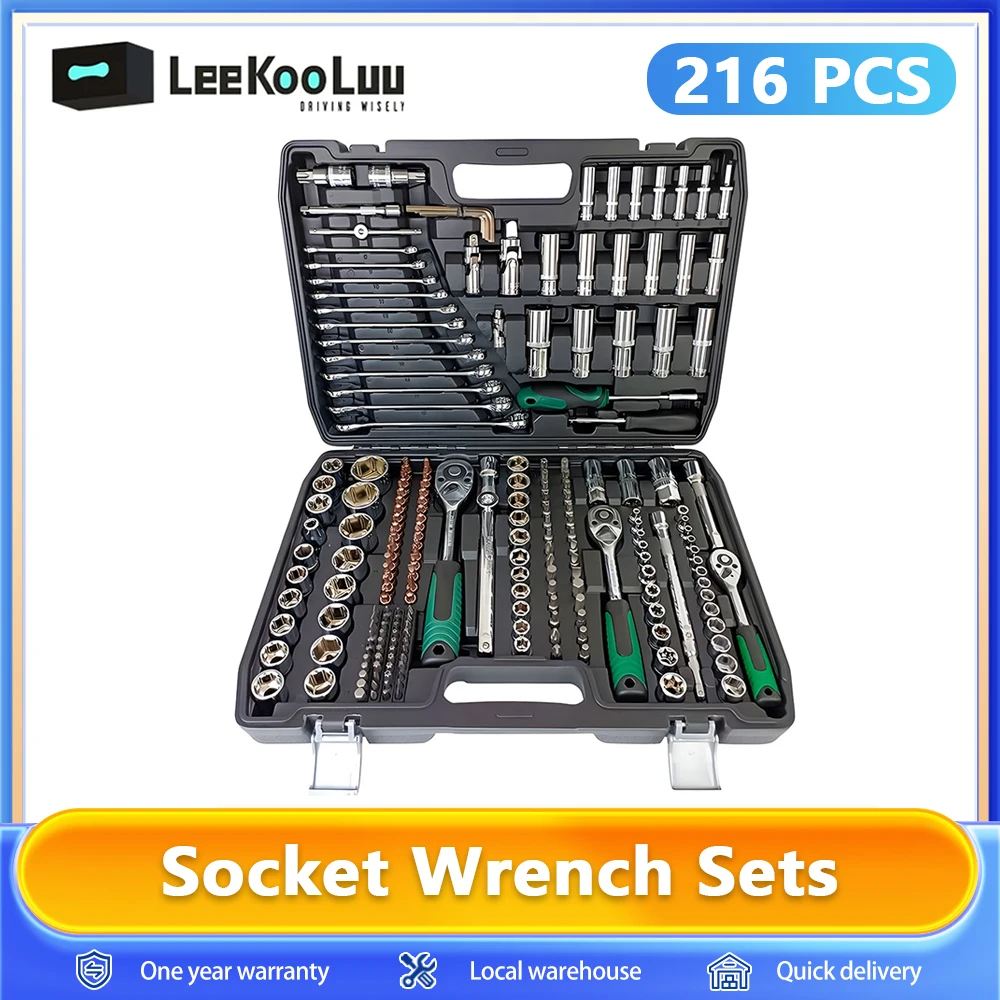 Leekooluu-Jeu de douilles pour la réparation automobile et la maison, cliquet à 24 dents, 216 pièces, 1/4 ", 3/8", 1/2"