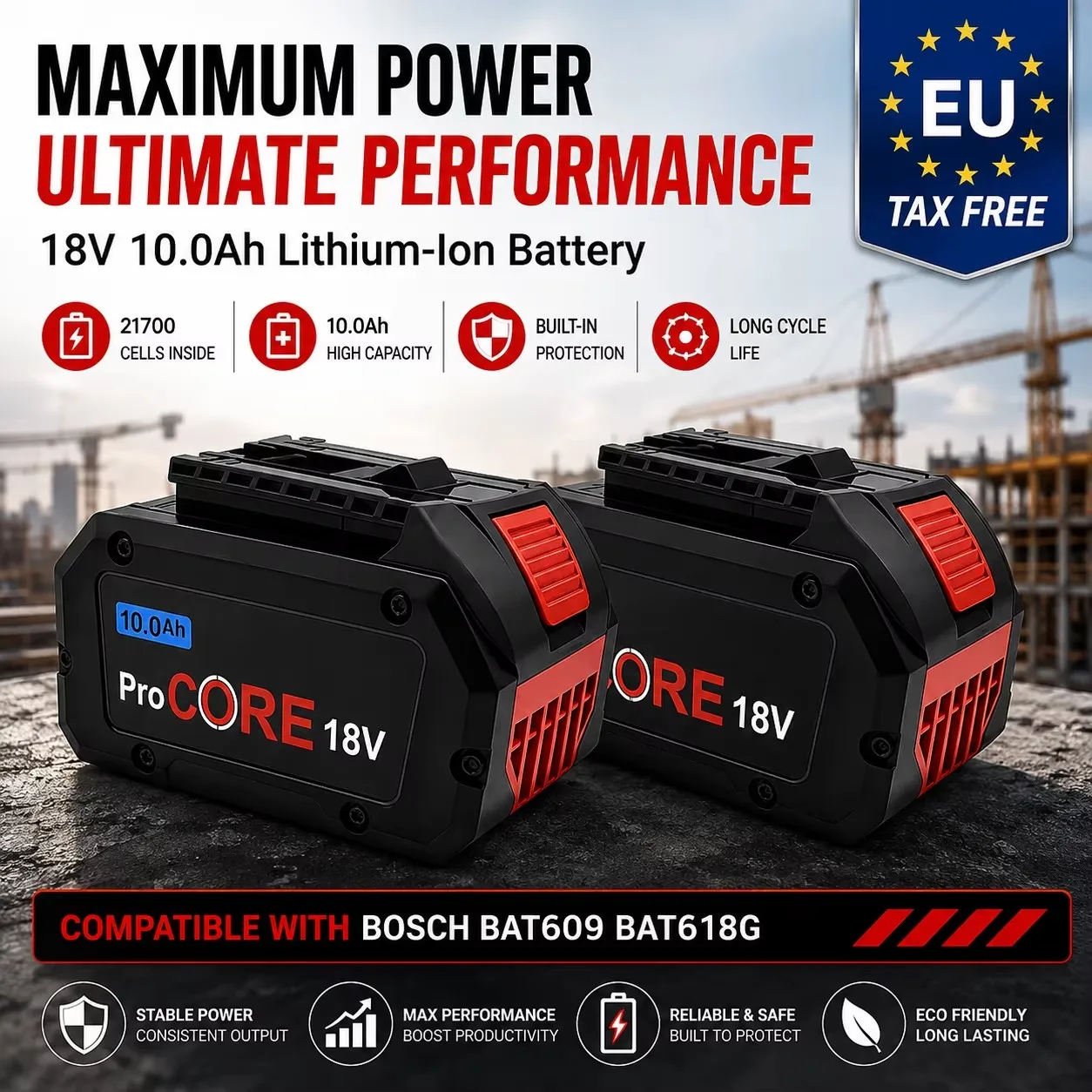Image of ProCORE 18V 10,0Ah Schnellladender Lithium-Ionen-Ersatzakku mit 21700-Zellen, geeignet für Bosch 18V Baugeräte BAT609 BAT618 GBA18V80