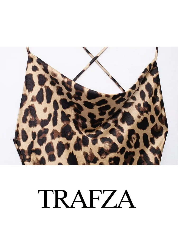 TRAFZA 2024 Women Chic Leopard Print Sling Mini Dress Elegant Woman Sexy Backless Lace-Up Dress Beach Party Dress Mujer Traf