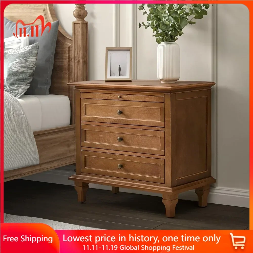 

15.75"D x 28.37"W x 27"H Nightstand with 3 Drawers, Charging Station, Wood Legs, Pull-Out Shelf, Farmhouse Nightstand