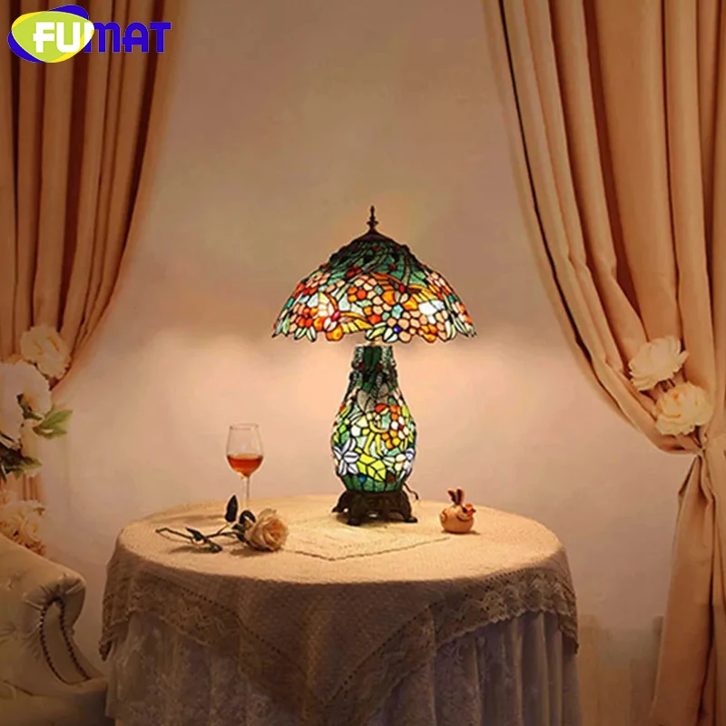 FUMAT European Creative LED Living Room Table Lamp Tiffany Vintage Pastoral Stained Glass Warm Art Table Lamp Glass Shade Lights