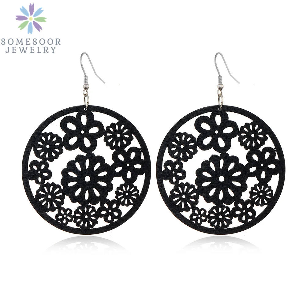 SOMESOOR Trendy Black Cutting Women Wooden Drop Earrings Collections African Ethnic Bohemain Engraved Dangle Jewelry Accessories