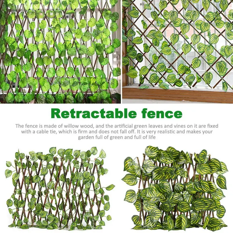 Artificial Garden Fence Retractable Expandable Wooden Fake Ivy Privacy Fence Vines Plant Home Garden Yard Terrace Decorations