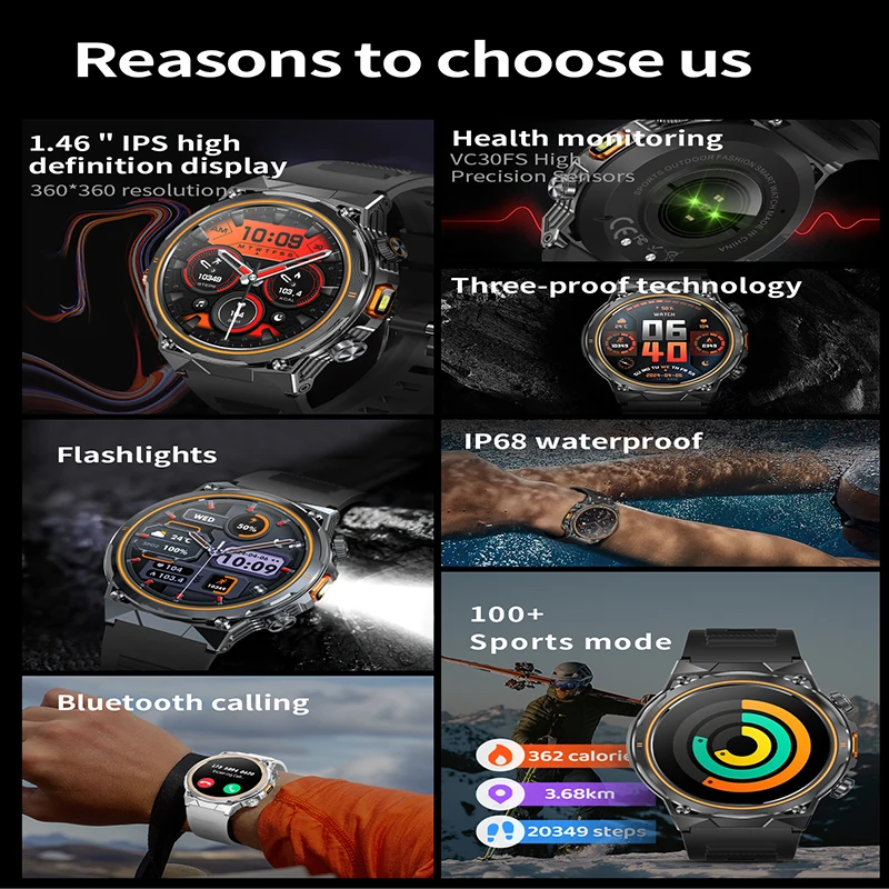 Men Smart Watch Flashlight Bluetooth Call IP68 Waterproof 1.46