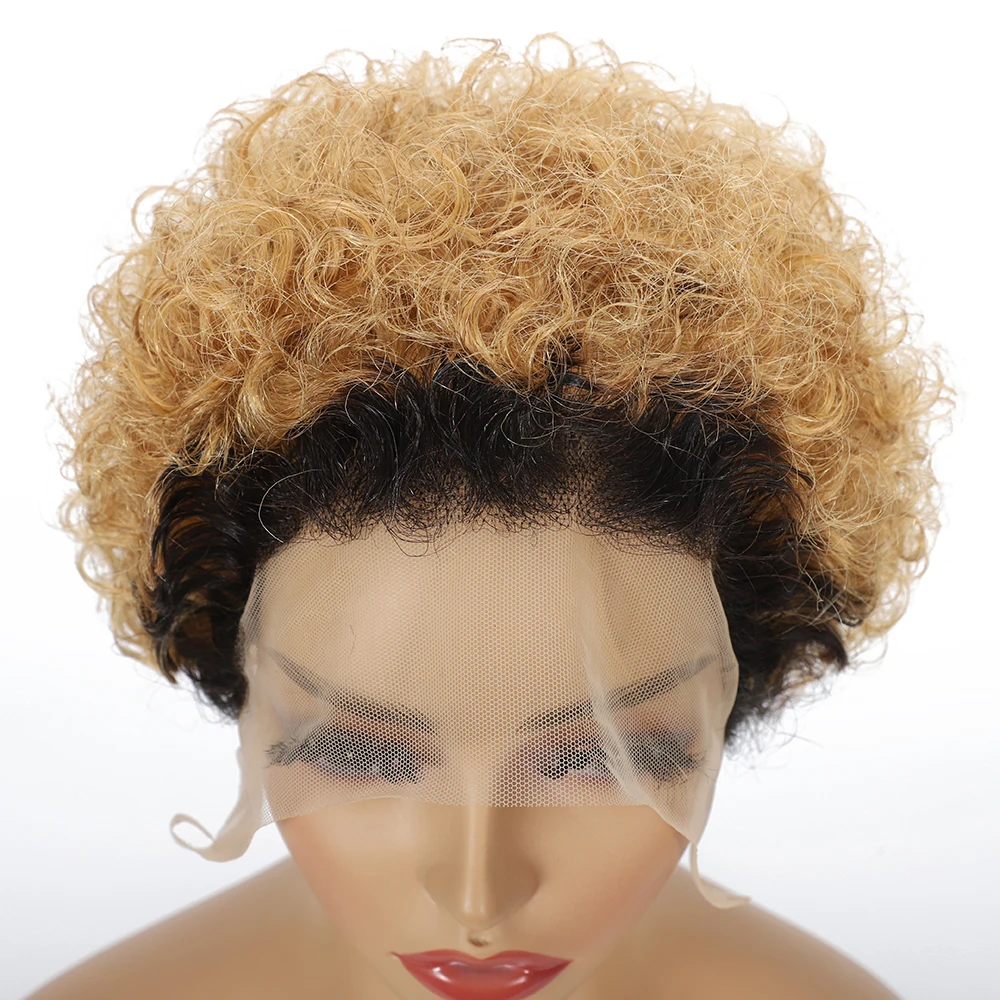 

Парик T1B/27 13x1 с кружевной застежкой, кудрявый, из бразильских натуральных волос Remy, цвет медовый блонд, стрижка пикси, парик с кружевной фронтальной частью для женщин, наращивание волос