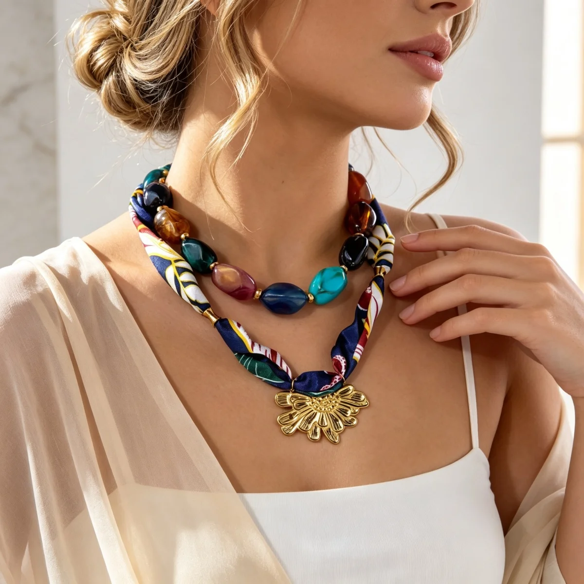 Botanisch bedruckter marineblauer Schal, Edelstahl-Halskette mit geprägten Blumen für Damen, unregelmäßiger Acryl-Perlen-Choker-Schmuck – Detail 8