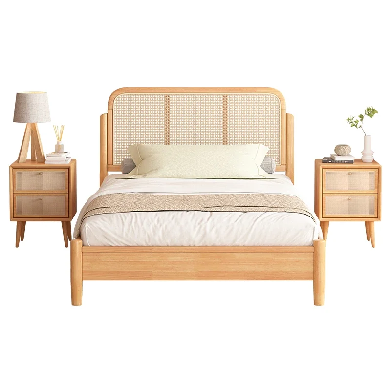 Nordic solid wood rattan bed modern simple retro log Japanese homestay furniture rattan bed