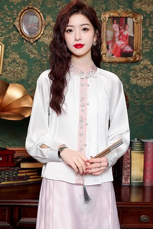 Fashion Spring Long Sleeve Stand Collar Women Shirt Embroidery Chiffon Shirt Blouse Women Tops  Blusas Mujer De Moda 2024 J868