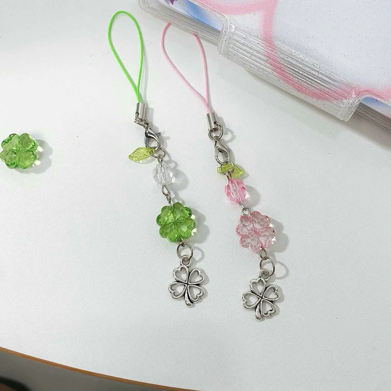 1PC Crystal Lucky Four Leaf Clover Mobile Phone Chain Y2K Trendy Beaded Phone Lanyard Fashion Keychain Girl Gifts