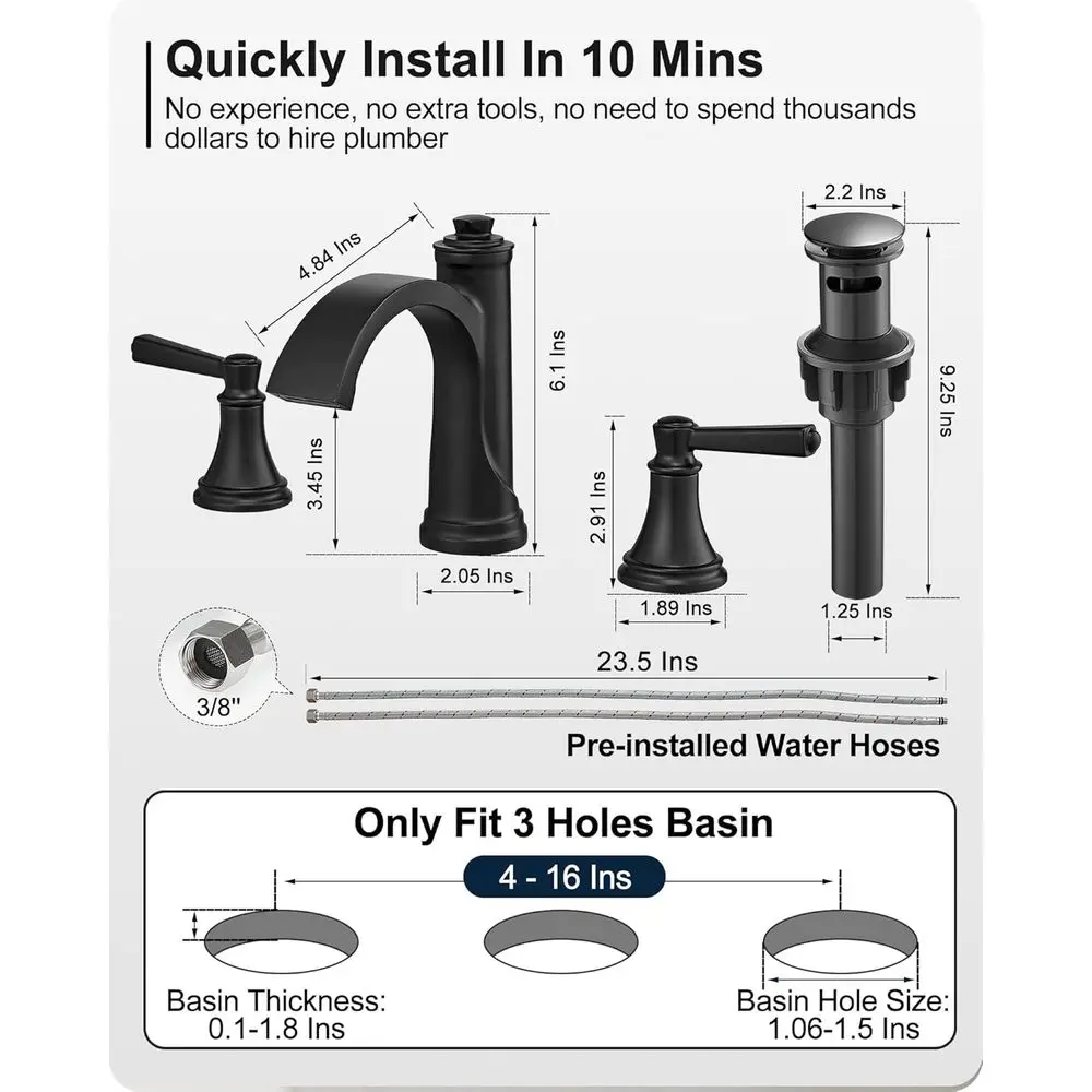 صنبور شلال نحاسي أسود غير لامع بثلاث فتحات، تركيبات حوض واسعة النطاق مقاس 4-16 بوصة مع خراطيم وصرف منبثق #6