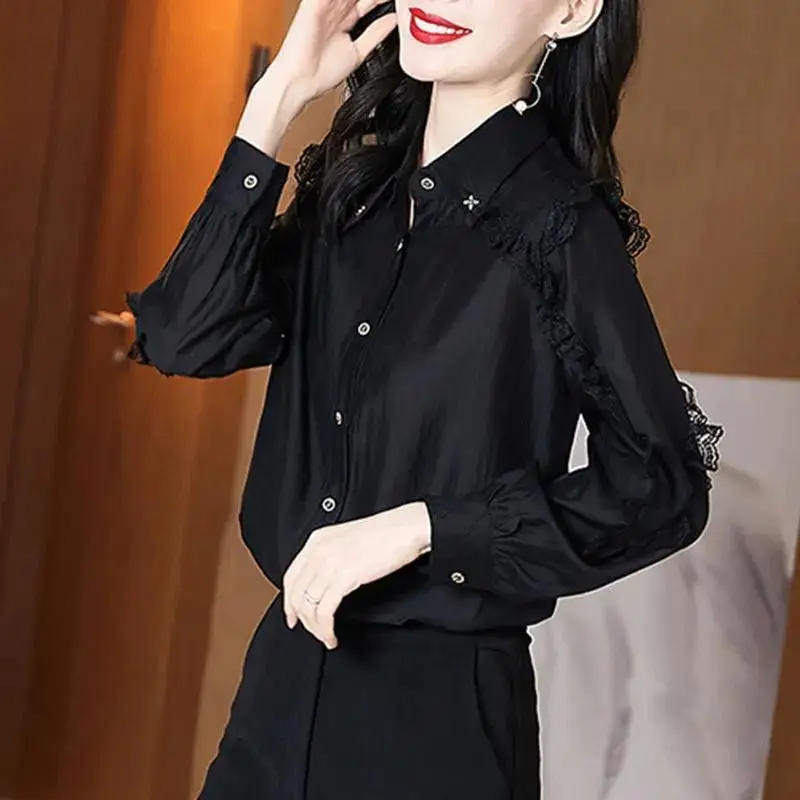 Elegant Lace Spliced Lapel Button Oversized Chiffon Shirt 2022 Autumn New Casual Tops Loose Commute Women\'s Clothing Blouse