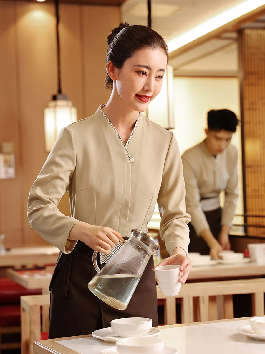 New Chinese Waiter Work Clothes Female Hotpot Restaurant Employee Shirt+Apron 2pcs Set Tea House Waitress Uniform Customized
