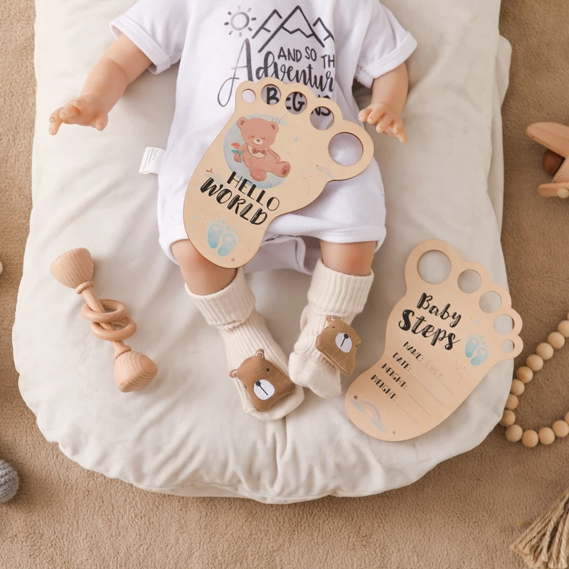 Baby Photography Accessories Footprint Wooden Milestone Card Newborn Growth Commemoration Props Hello World photography Props