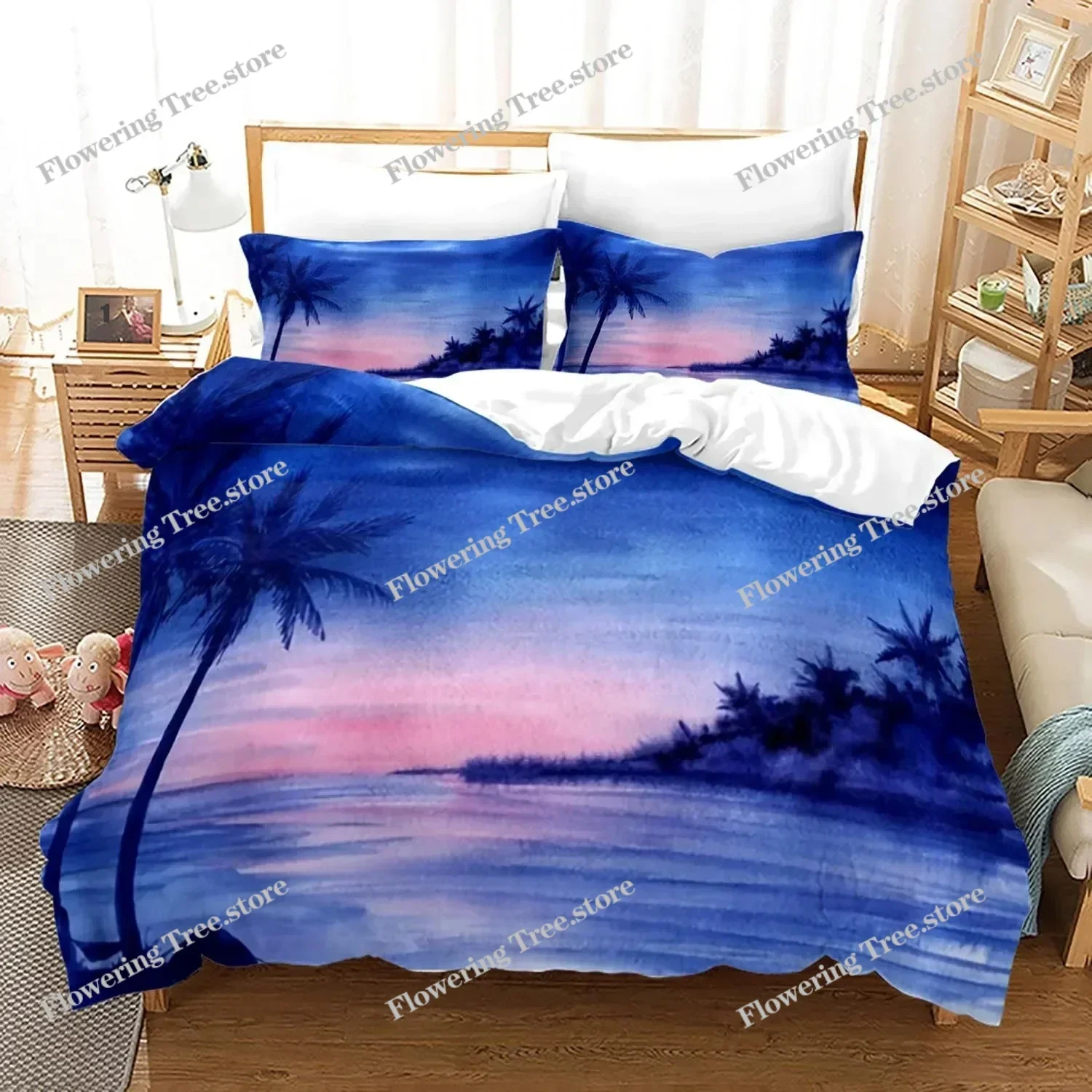 Ocean Duvet Cover Set QueenFull Size Tropical Island with The Palm Trees and Sea Beach Nature Theme Print Polyester Bedding Set