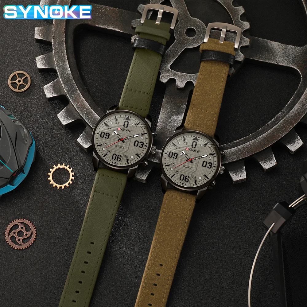 SYNOKE Male Quartz Wristwatch Military Sports Shockproof Popular Leather Watch Men Fashion Casual Clock Relogio Masculino