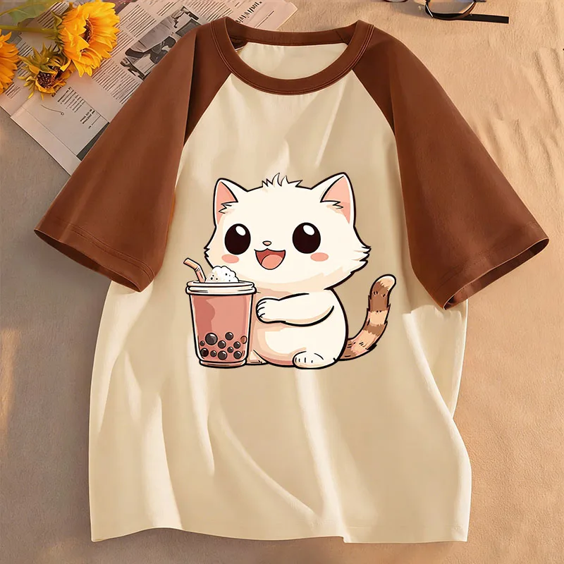 Niedliches Katzen-Trinkdesign Kinder-T-Shirts Sommer Kurzarm-Shirts Cartoon Jungen Mädchen Kleidung Kawaii Kätzchen Oberteile Kinder-T-Shirt