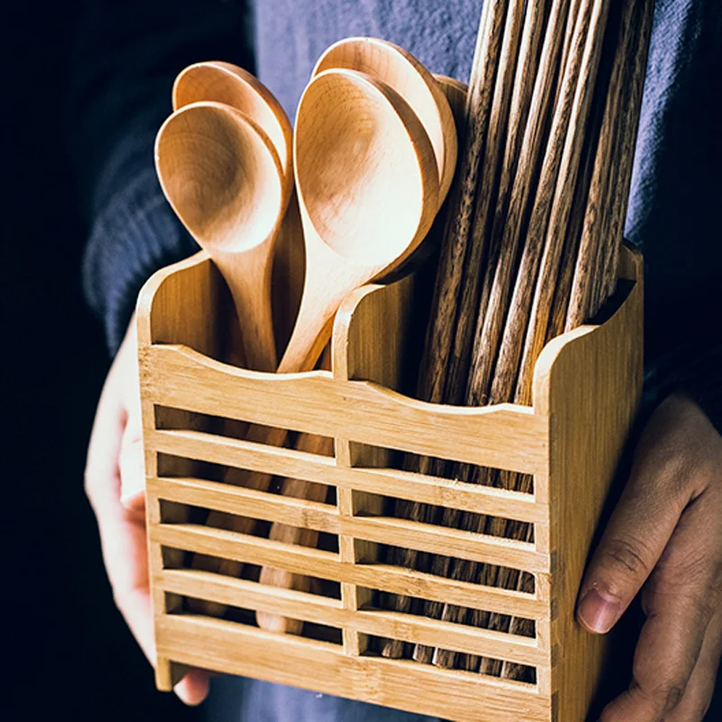 Bamboo Cutlery Storage Rack Chopsticks Cage Cutlery Holder Kitchen Organizer Spoon Chopsticks Flatware Drying Rack Kitchen Tools