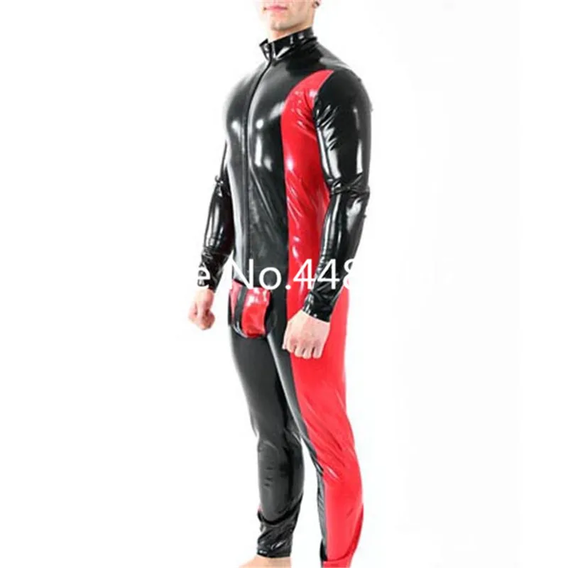 Latex Rubber Catsuit For Men Red with Black Sexy Bodysuit Party Club Wear Front Zipper Custom Made