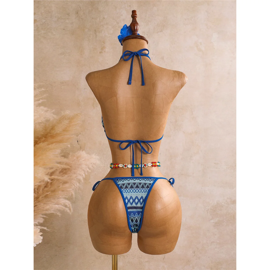Bedruckter Bikini mit Sarong-Oberteil, Damen-Badeanzug, dreiteiliges Bikini-Set, gepolsterter Badeanzug, Badebekleidung, Modell V8332. – Detail 28