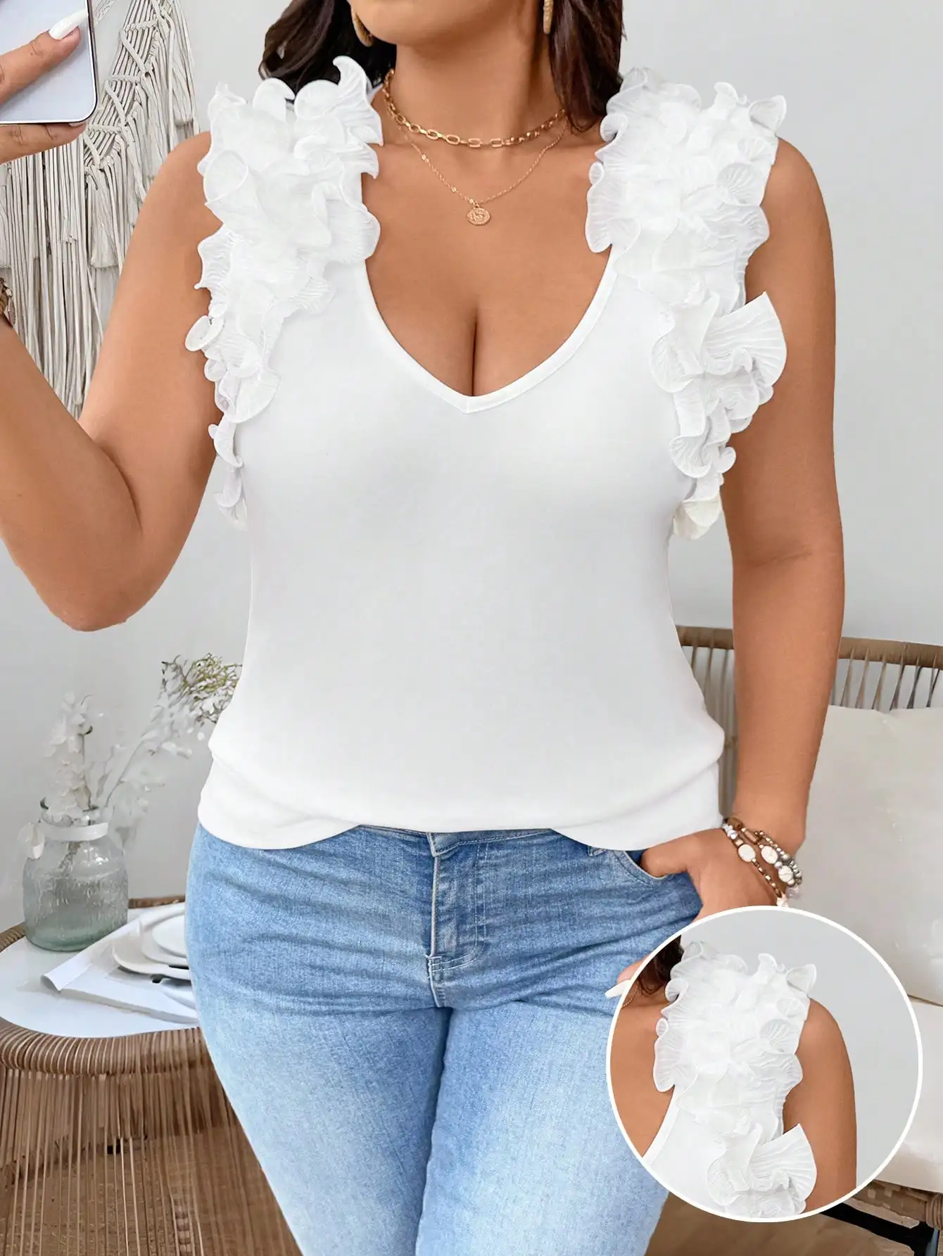 Women's White Ruffled Sleeveless V - Neck Tank Top | Elegant Floral Shoulder Detail Casual Summer Blouse for Daily Wear