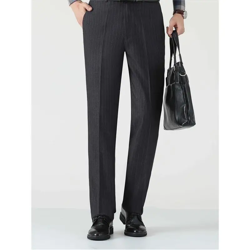 Men's Striped Wool Trousers Straight Leg Casual Pants Winter Collection Unbranded Linen Material Universal Fit