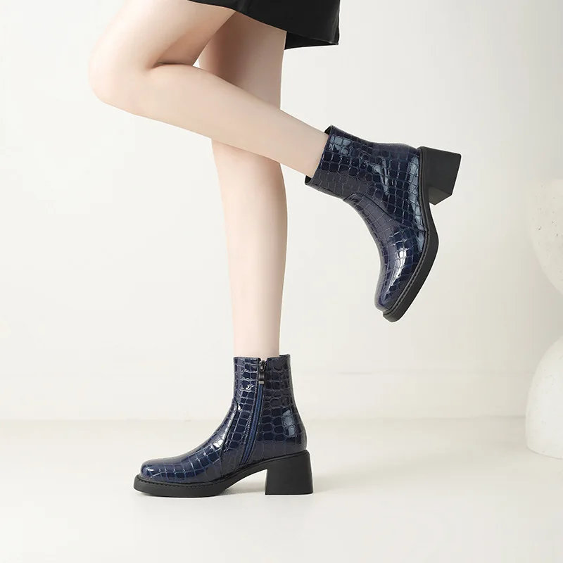 

Белые ботильоны, женские ботинки на молнии, женская обувь на низком каблуке 2025, резиновая женская обувь на высоком каблуке, хлопчатобумажная ткань, искусственный квадратный носок, однотонное шитье Floc