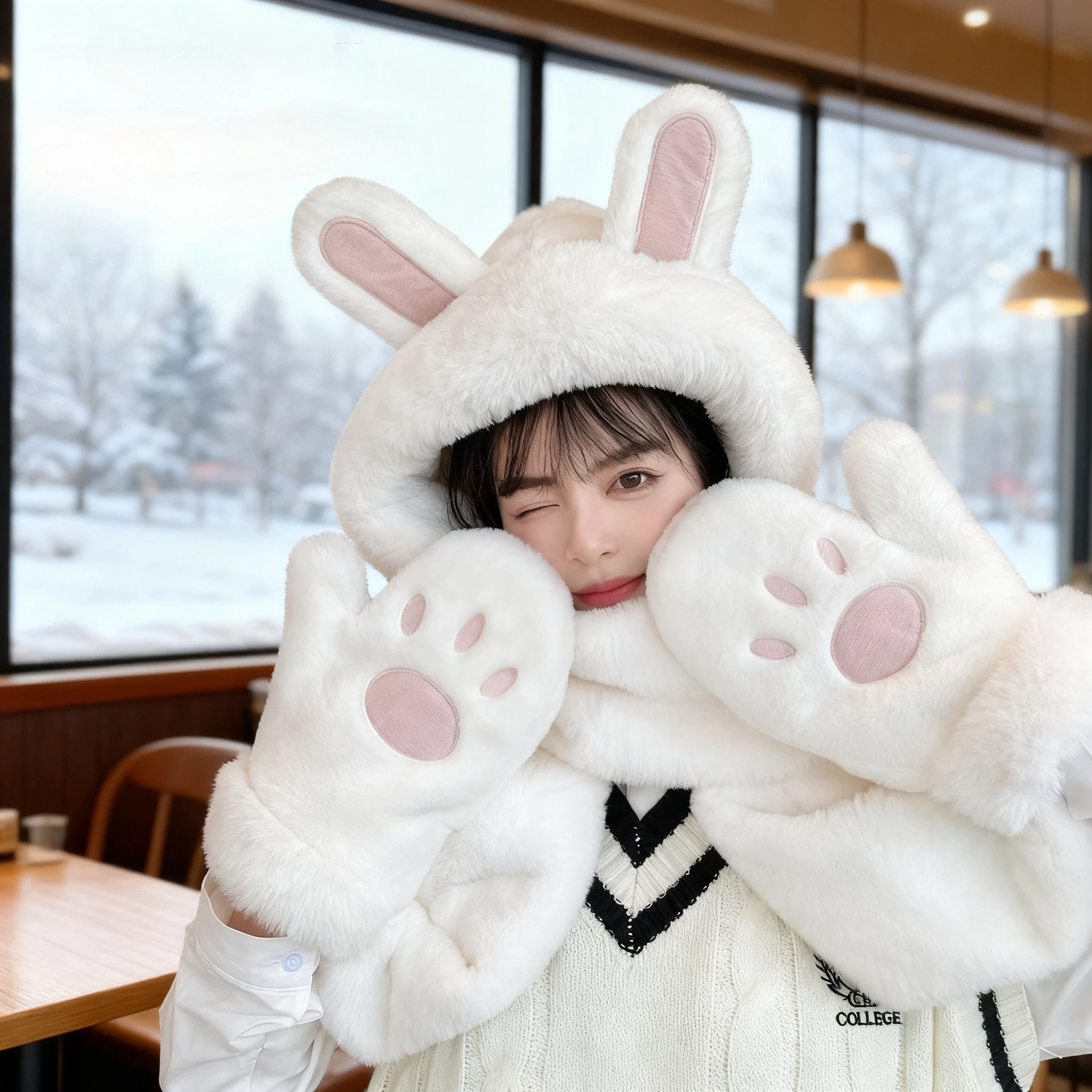 Cute 3-Piece Winter Set: Plush Hat with Rabbit Ears, Scarf, and Mittens – Warm, Cartoon-Style, and Girly