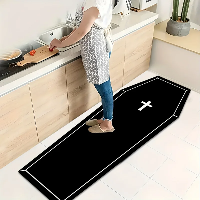 VIKAMA Black White Cross Coffin Shaped Runner Rug Gothic Halloween Irregular Long Floor Mat Non Slip Absorbent for Bedroom Rug