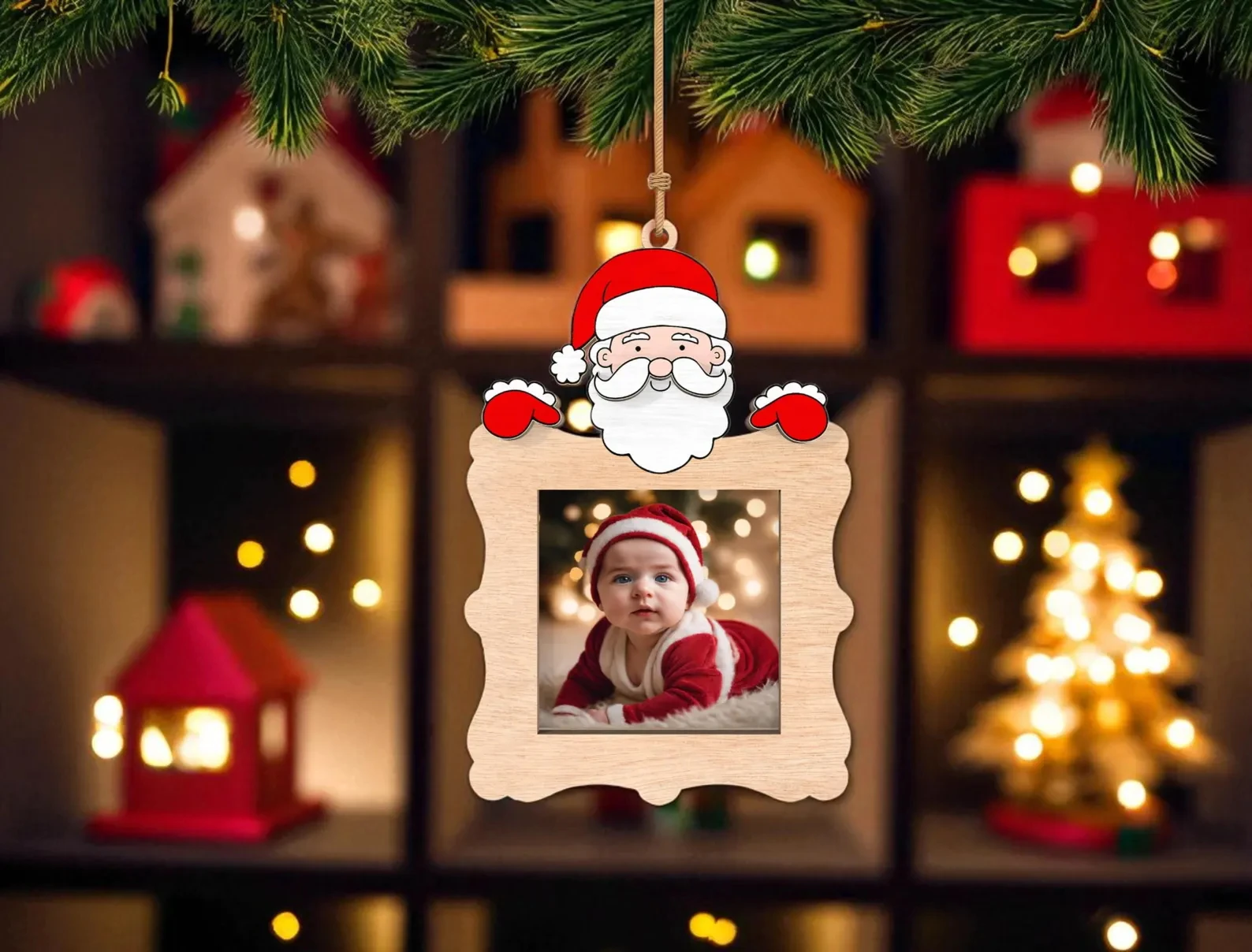 

Персонализированный рождественский орнамент | Деревянная фоторамка Санта | Изготовленный на заказ праздничный сувенир | Детское елочное украшение