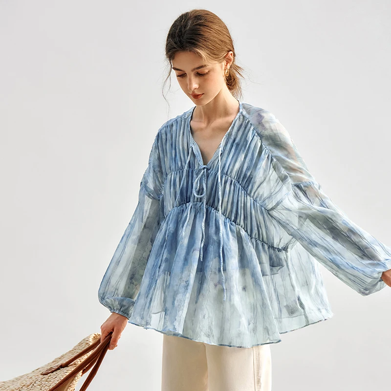 OLrain Blue Chiffon Womens Blouses Spring 2025 Sweet Folds Elegant V-neck Lantern Sleeve Casual Shirring Loose Shirts N57CX93832