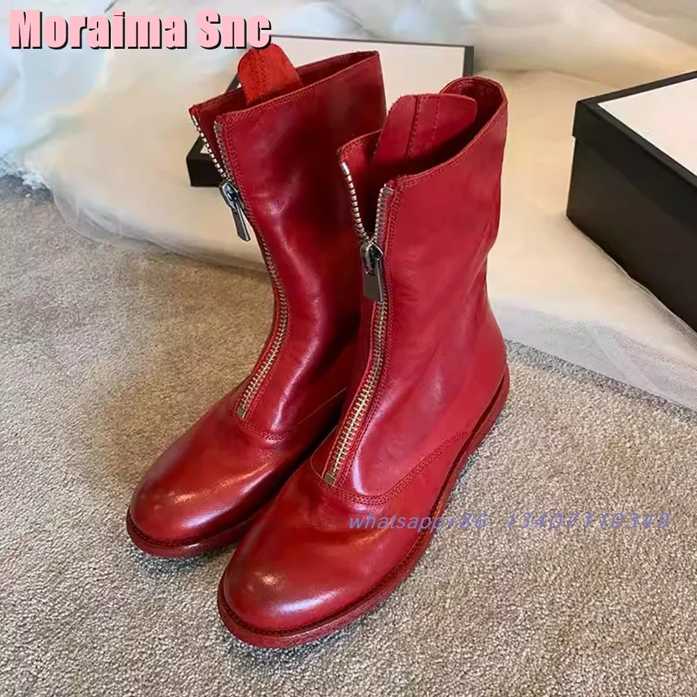 

Front Zipper Round Toe Ankle Boots Block Chunky Heel Slip On Fashion Casual Women's Short Boots Red Solid Autumn Winter 2025 New
