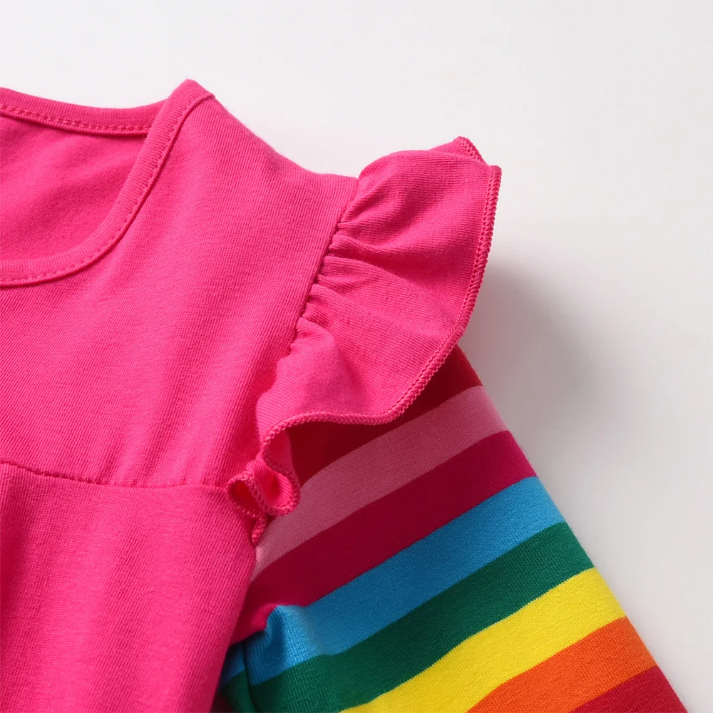 VIKITA Mädchen-Kleid mit Einhorn-Print, Regenbogen-Streifen und Rüschenärmeln, gerades Kleid für Kinder, Baumwolle, lässig, täglich, weich, gemütlich, rosa Outfit-Kleider – Detail 4