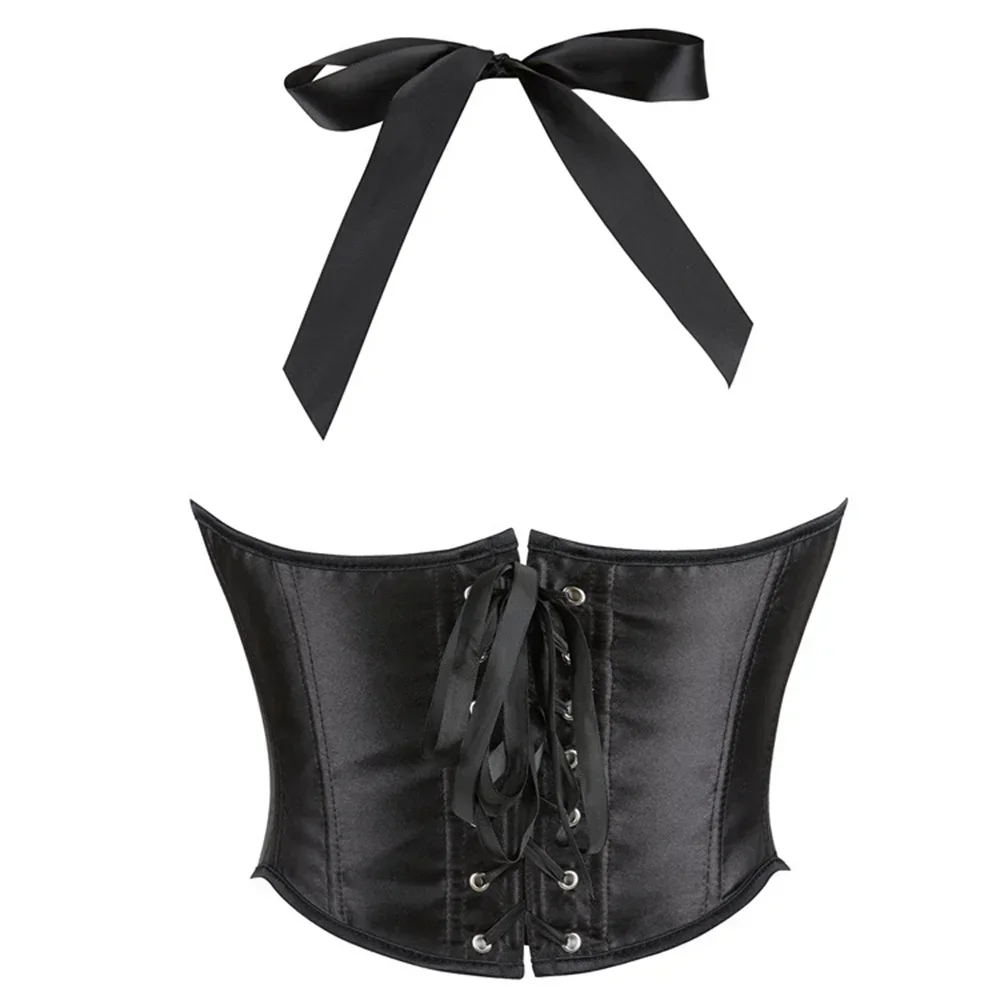

Women Black Satin Sexy Halter Corsets Crop Tops Lingerie Body Shaper Boned Overbust Short Bustiers Vest