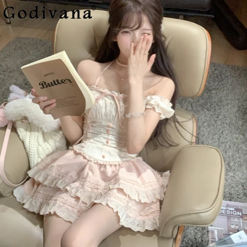 

Sweet Girls White Pink Outfits French Style Sexy Square Neck Top Cake Skirt Set Women's Japanese Style Lolita Two Pieces Suit