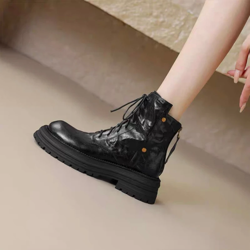 خريف جديد لعام 2025 أحذية جلدية عالية للكاحل أحذية قصيرة متينة برأس مستدير أحذية نسائية عصرية للخروج بجزء سفلي سميك ЖеСы БТНК #3